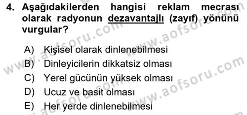 Medya ve Reklam Dersi 2024 - 2025 Yılı (Final) Dönem Sonu Sınav Soruları 4. Soru