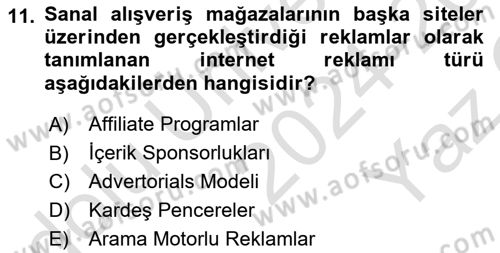 Medya ve Reklam Dersi 2024 - 2025 Yılı Yaz Okulu Sınav Soruları 11. Soru