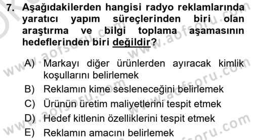 Medya ve Reklam Dersi 2024 - 2025 Yılı Yaz Okulu Sınav Soruları 7. Soru