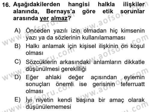 Medya İlişkileri Dersi 2017 - 2018 Yılı (Final) Dönem Sonu Sınav Soruları 16. Soru