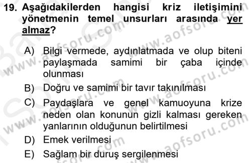 Medya İlişkileri Dersi 2018 - 2019 Yılı (Final) Dönem Sonu Sınav Soruları 19. Soru