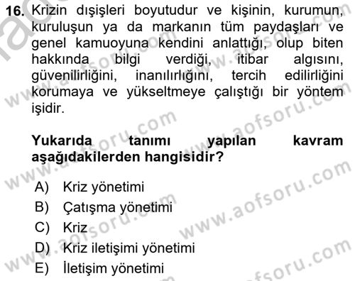 Medya İlişkileri Dersi 2018 - 2019 Yılı Yaz Okulu Sınav Soruları 16. Soru