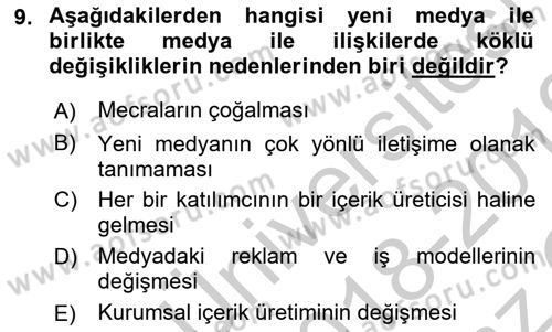 Medya İlişkileri Dersi 2018 - 2019 Yılı Yaz Okulu Sınav Soruları 9. Soru