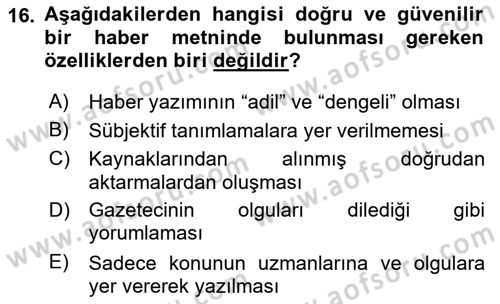 Medyada Dil Kullanımı Dersi 2017 - 2018 Yılı (Final) Dönem Sonu Sınav Soruları 16. Soru