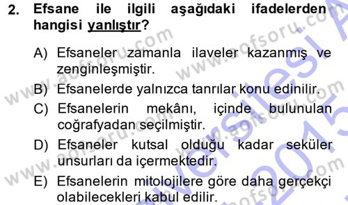 Mitoloji ve Din Dersi 2014 - 2015 Yılı (Vize) Ara Sınav Soruları 2. Soru