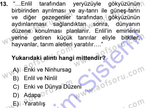 Mitoloji ve Din Dersi 2015 - 2016 Yılı (Vize) Ara Sınav Soruları 13. Soru
