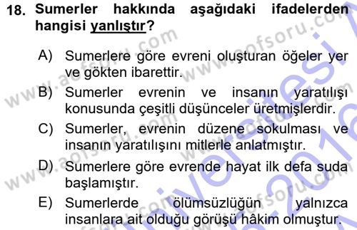 Mitoloji ve Din Dersi 2015 - 2016 Yılı (Vize) Ara Sınav Soruları 18. Soru