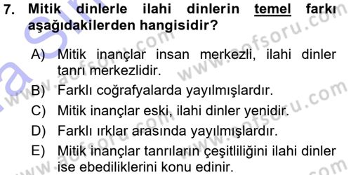 Mitoloji ve Din Dersi 2015 - 2016 Yılı (Vize) Ara Sınav Soruları 7. Soru