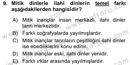 Mitoloji ve Din Dersi 2016 - 2017 Yılı (Vize) Ara Sınav Soruları 9. Soru