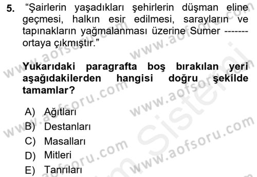 Mitoloji ve Din Dersi 2017 - 2018 Yılı 3 Ders Sınav Soruları 5. Soru