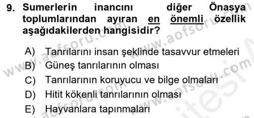 Mitoloji ve Din Dersi 2017 - 2018 Yılı 3 Ders Sınav Soruları 9. Soru
