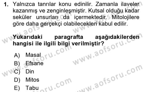 Mitoloji ve Din Dersi 2018 - 2019 Yılı 3 Ders Sınav Soruları 1. Soru