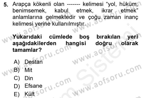 Mitoloji ve Din Dersi Ara Sınavı Deneme Sınav Soruları 5. Soru