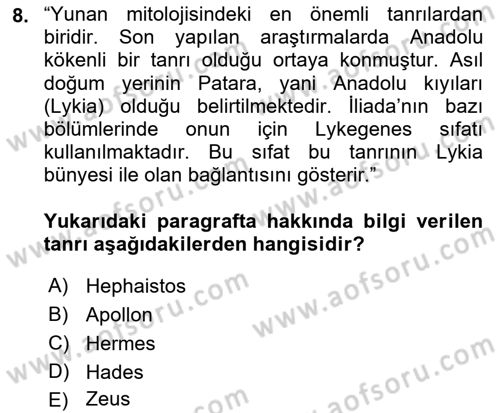 Mitoloji ve Din Dersi 2018 - 2019 Yılı (Final) Dönem Sonu Sınav Soruları 8. Soru