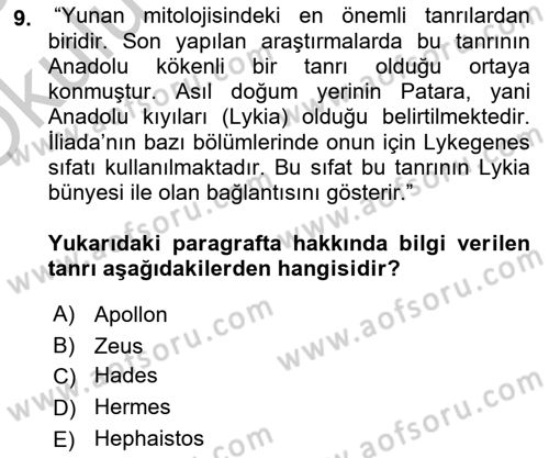 Mitoloji ve Din Dersi 2018 - 2019 Yılı Yaz Okulu Sınav Soruları 9. Soru