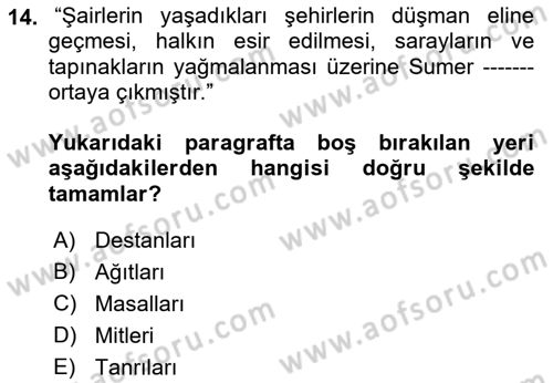 Mitoloji ve Din Dersi 2019 - 2020 Yılı (Final) Dönem Sonu Sınav Soruları 14. Soru
