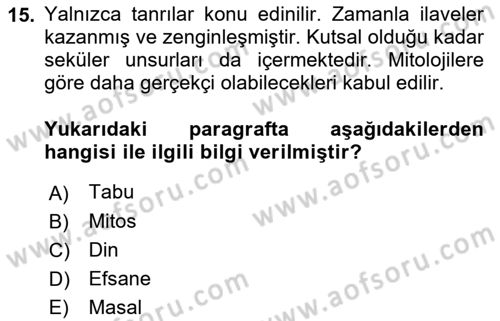 Mitoloji ve Din Dersi 2019 - 2020 Yılı (Final) Dönem Sonu Sınav Soruları 15. Soru
