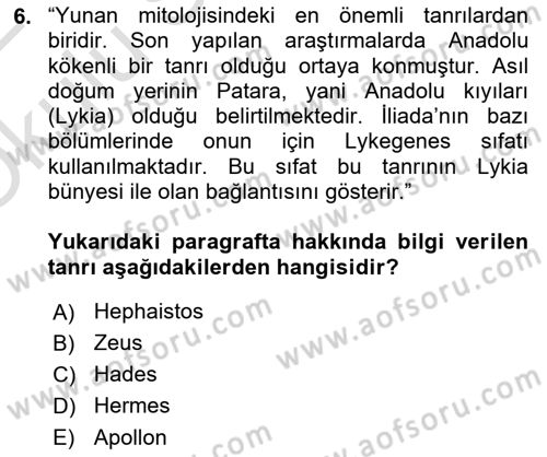 Mitoloji ve Din Dersi 2021 - 2022 Yılı Yaz Okulu Sınav Soruları 6. Soru
