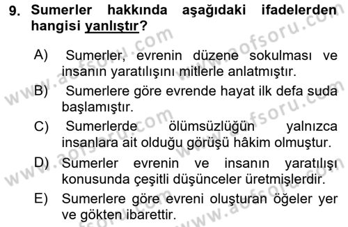Mitoloji ve Din Dersi 2023 - 2024 Yılı (Vize) Ara Sınav Soruları 9. Soru