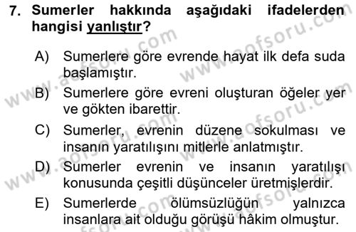 Mitoloji ve Din Dersi 2025 - 2026 Yılı Yaz Okulu Sınav Soruları 7. Soru