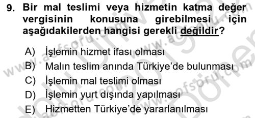 Türk Vergi Sistemi Dersi 2019 - 2020 Yılı (Final) Dönem Sonu Sınav Soruları 9. Soru
