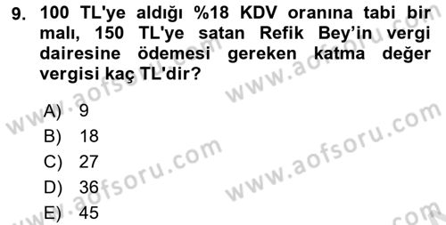 Türk Vergi Sistemi Dersi 2021 - 2022 Yılı (Final) Dönem Sonu Sınav Soruları 9. Soru