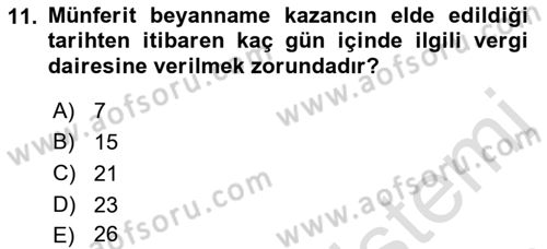 Türk Vergi Sistemi Dersi 2021 - 2022 Yılı Yaz Okulu Sınavı 11. Soru