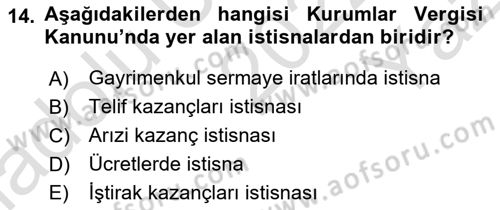 Türk Vergi Sistemi Dersi 2022 - 2023 Yılı Yaz Okulu Sınavı 14. Soru