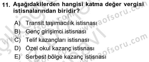 Türk Vergi Sistemi Dersi 2023 - 2024 Yılı (Final) Dönem Sonu Sınavı 11. Soru