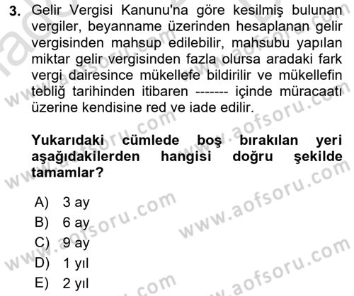 Türk Vergi Sistemi Dersi 2023 - 2024 Yılı (Final) Dönem Sonu Sınavı 3. Soru