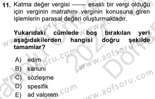 Türk Vergi Sistemi Dersi 2024 - 2025 Yılı (Final) Dönem Sonu Sınav Soruları 11. Soru