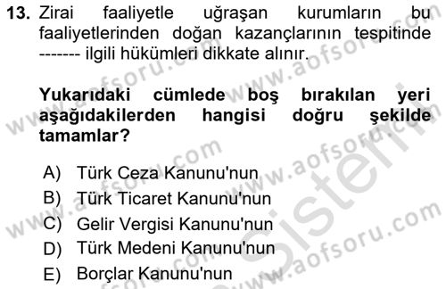 Türk Vergi Sistemi Dersi 2024 - 2025 Yılı Yaz Okulu Sınav Soruları 13. Soru