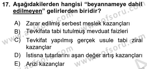 Türk Vergi Sistemi Dersi 2025 - 2026 Yılı (Vize) Ara Sınav Soruları 17. Soru