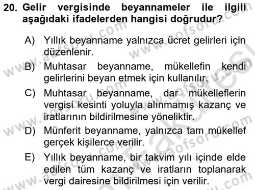 Türk Vergi Sistemi Dersi 2025 - 2026 Yılı (Vize) Ara Sınav Soruları 20. Soru