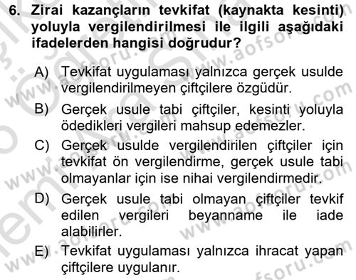 Türk Vergi Sistemi Dersi 2025 - 2026 Yılı (Vize) Ara Sınav Soruları 6. Soru