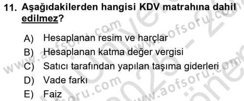 Türk Vergi Sistemi Dersi 2025 - 2026 Yılı (Final) Dönem Sonu Sınav Soruları 11. Soru