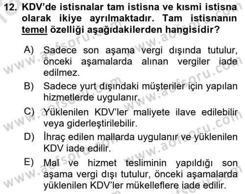 Türk Vergi Sistemi Dersi 2025 - 2026 Yılı (Final) Dönem Sonu Sınav Soruları 12. Soru