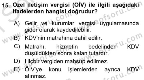Türk Vergi Sistemi Dersi 2025 - 2026 Yılı (Final) Dönem Sonu Sınav Soruları 15. Soru
