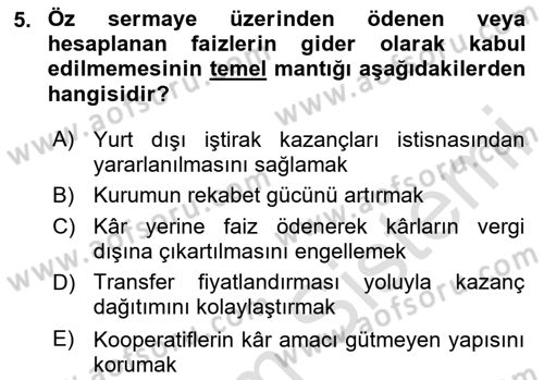 Türk Vergi Sistemi Dersi 2025 - 2026 Yılı (Final) Dönem Sonu Sınav Soruları 5. Soru