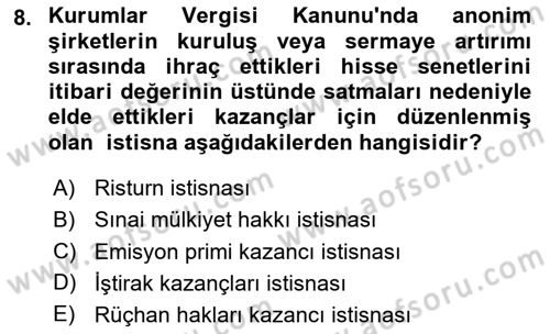 Türk Vergi Sistemi Dersi 2025 - 2026 Yılı (Final) Dönem Sonu Sınav Soruları 8. Soru