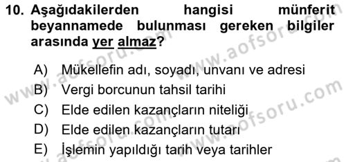 Türk Vergi Sistemi Dersi 2025 - 2026 Yılı Yaz Okulu Sınav Soruları 10. Soru