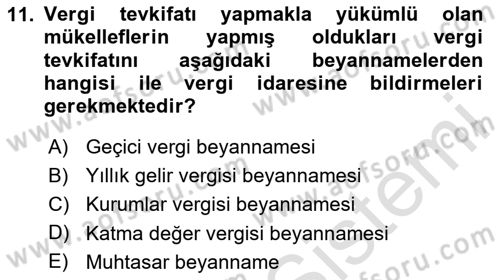 Türk Vergi Sistemi Dersi 2025 - 2026 Yılı Yaz Okulu Sınav Soruları 11. Soru