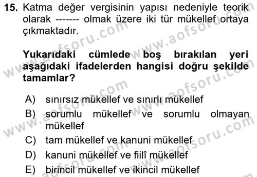 Türk Vergi Sistemi Dersi 2025 - 2026 Yılı Yaz Okulu Sınav Soruları 15. Soru
