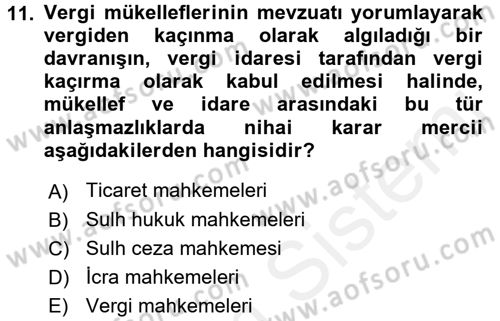 Vergi Teorisi Dersi 2015 - 2016 Yılı (Vize) Ara Sınav Soruları 11. Soru
