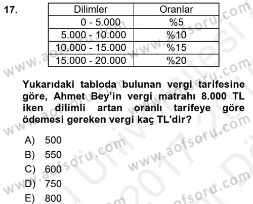 Vergi Teorisi Dersi 2017 - 2018 Yılı (Vize) Ara Sınav Soruları 17. Soru