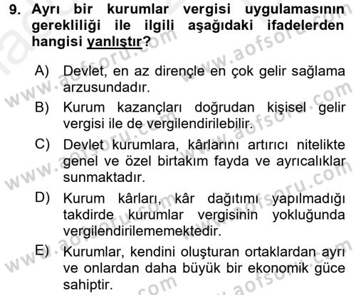 Vergi Teorisi Dersi 2017 - 2018 Yılı (Final) Dönem Sonu Sınav Soruları 9. Soru