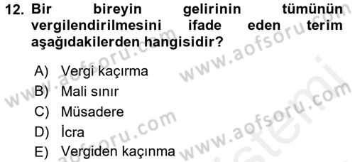 Vergi Teorisi Dersi 2018 - 2019 Yılı (Vize) Ara Sınav Soruları 12. Soru