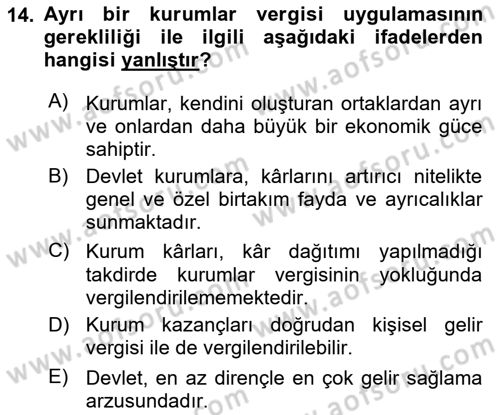 Vergi Teorisi Dersi 2018 - 2019 Yılı Yaz Okulu Sınav Soruları 14. Soru