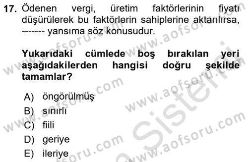 Vergi Teorisi Dersi 2021 - 2022 Yılı (Vize) Ara Sınav Soruları 17. Soru