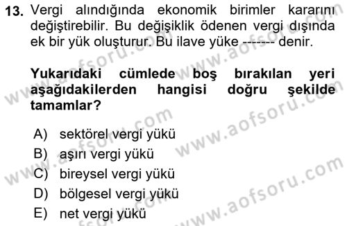 Vergi Teorisi Dersi 2022 - 2023 Yılı Yaz Okulu Sınav Soruları 13. Soru